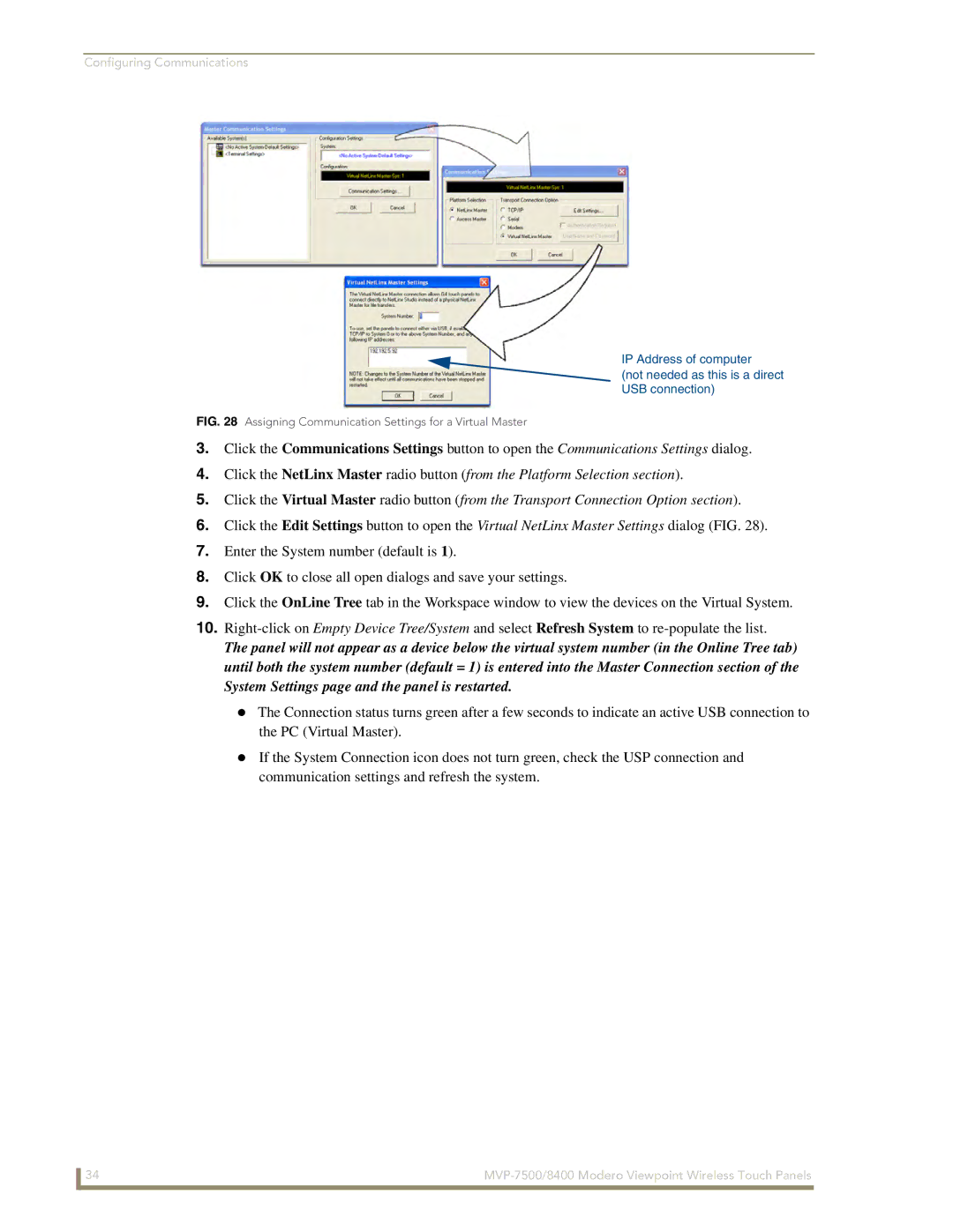 AMX MVP-8400 manual Assigning Communication Settings for a Virtual Master 