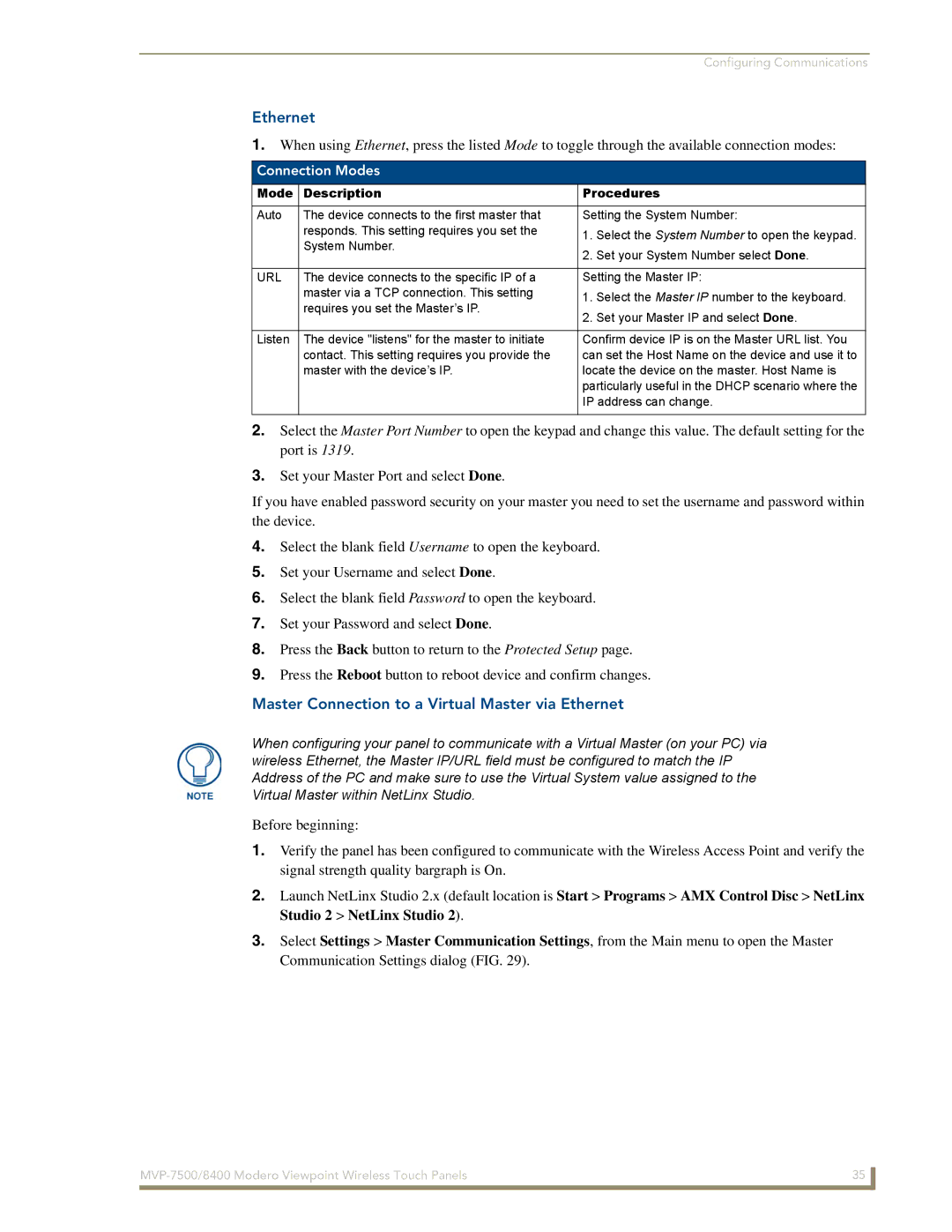 AMX MVP-8400 manual Master Connection to a Virtual Master via Ethernet, Connection Modes, Mode Description Procedures 