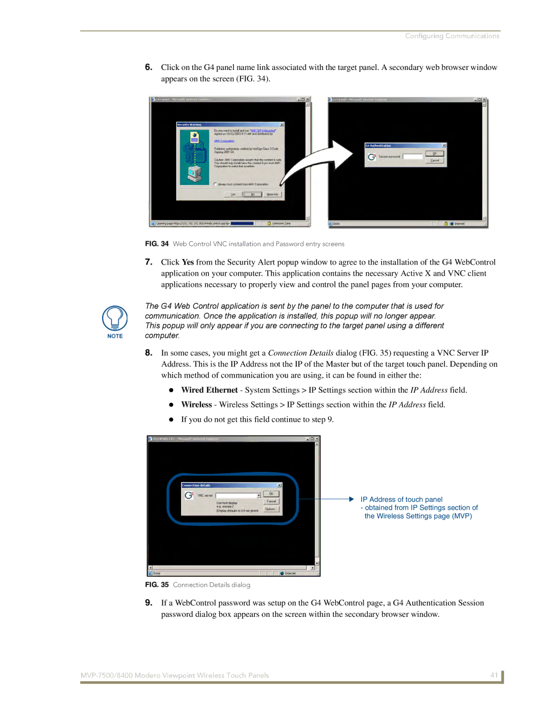 AMX MVP-8400 manual Web Control VNC installation and Password entry screens 