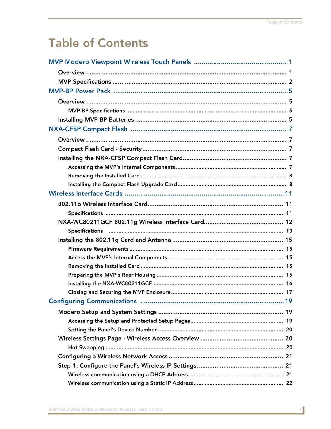 AMX MVP-8400 manual Table of Contents 