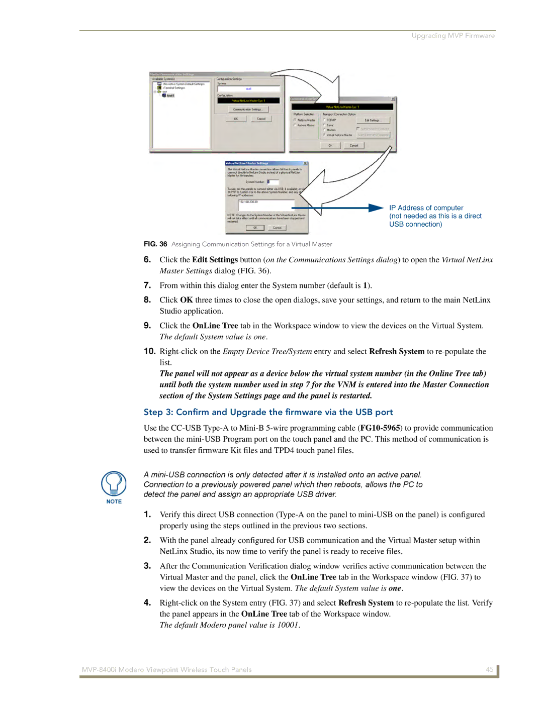 AMX MVP-8400 manual Confirm and Upgrade the firmware via the USB port, Default Modero panel value is 