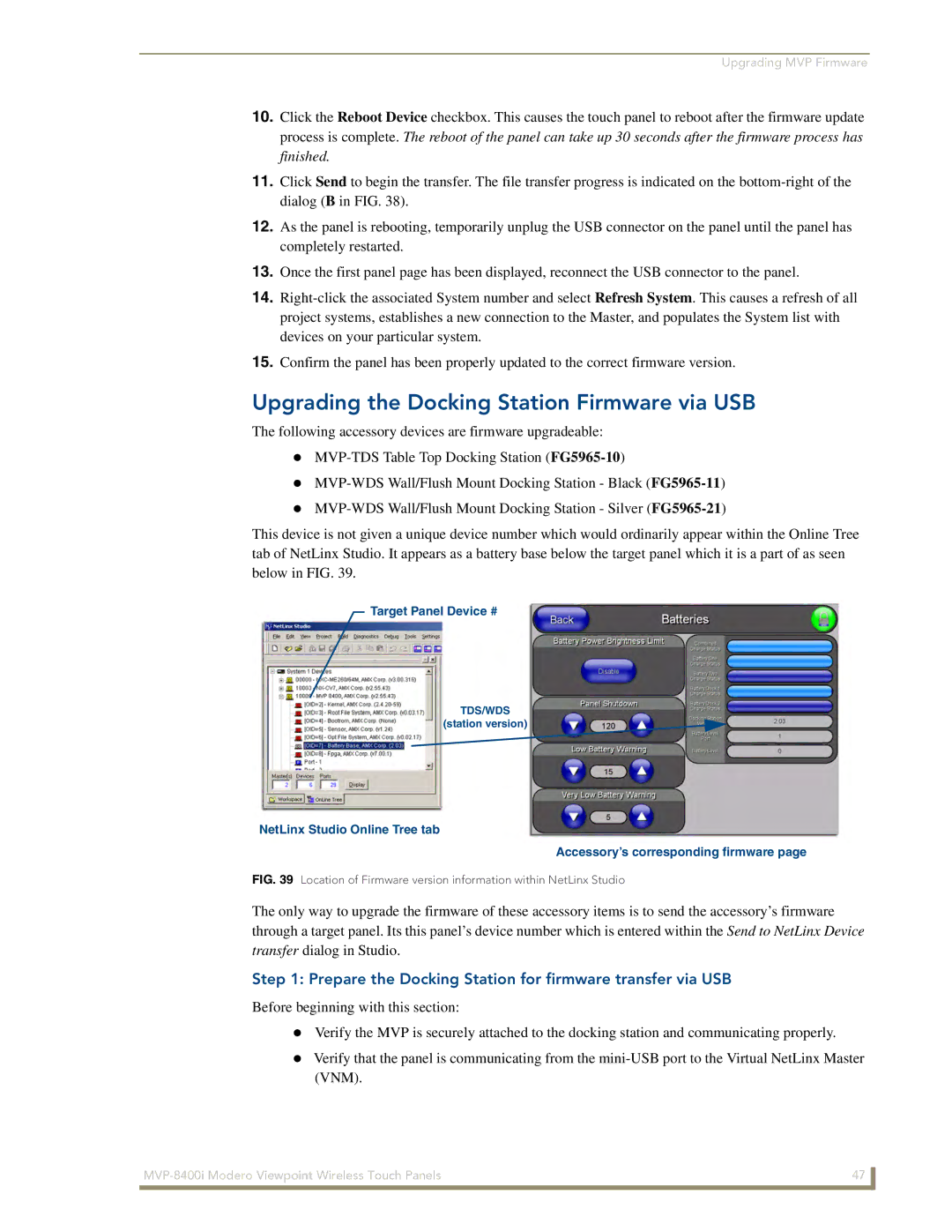 AMX MVP-8400 Upgrading the Docking Station Firmware via USB, Prepare the Docking Station for firmware transfer via USB 