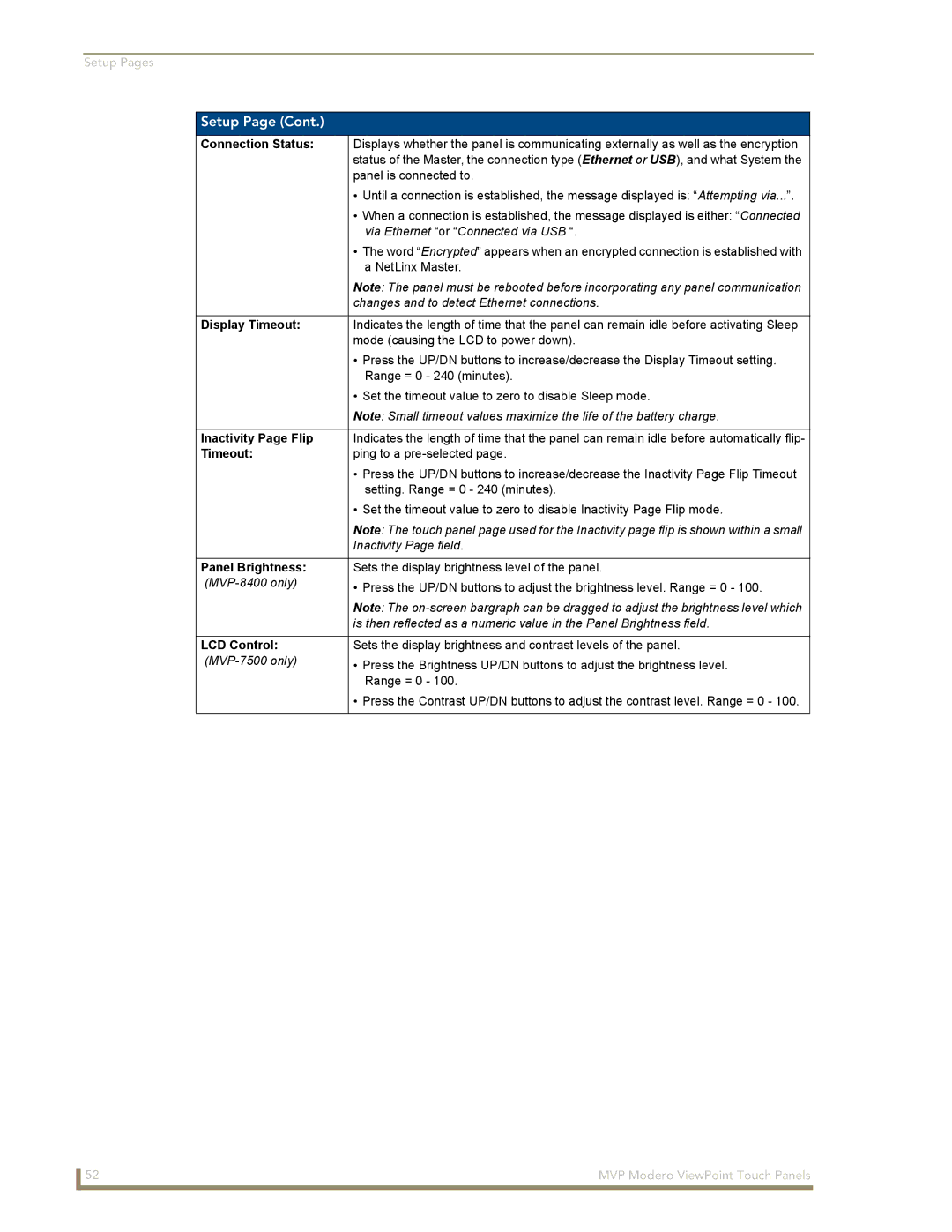 AMX MVP-8400 manual Connection Status, Display Timeout, Inactivity Page Flip, Panel Brightness, LCD Control 