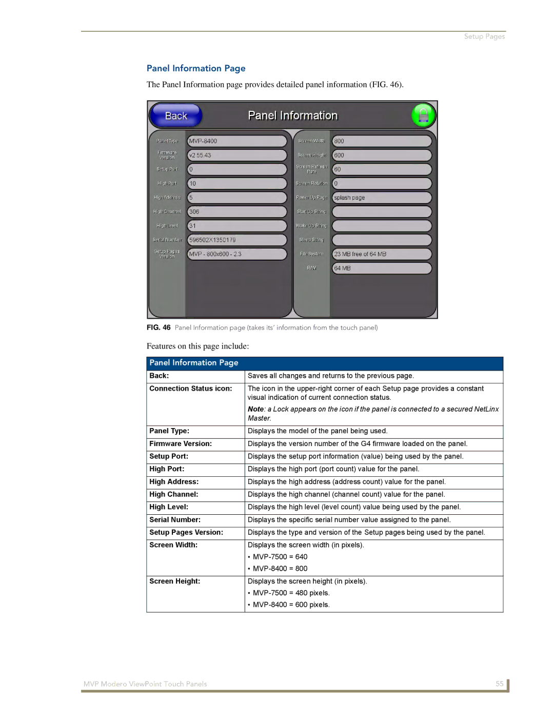 AMX MVP-8400 manual Panel Information 