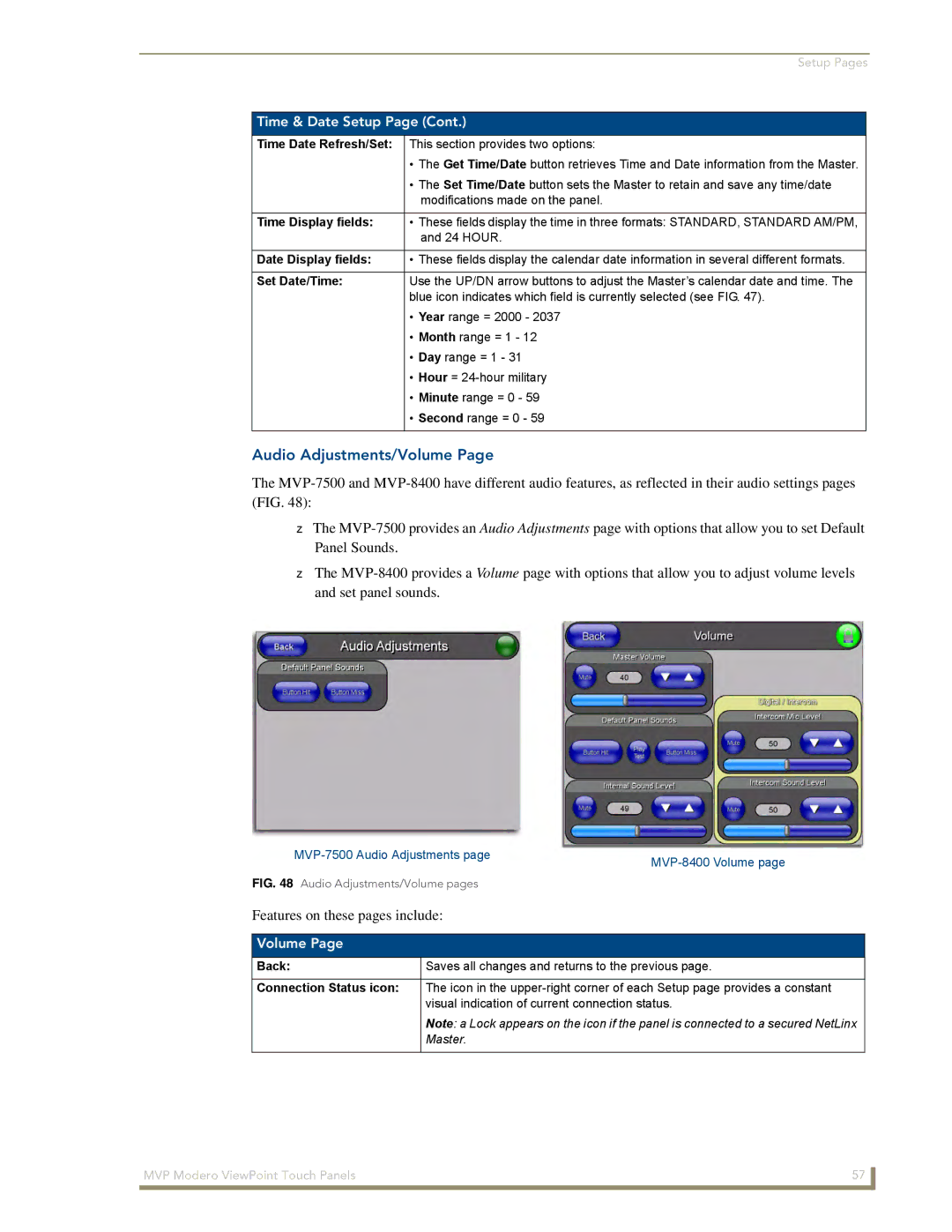 AMX MVP-8400 manual Audio Adjustments/Volume, Features on these pages include 