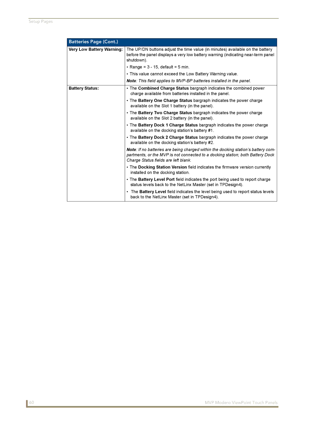 AMX MVP-8400 manual Battery Status, Charge Status fields are left blank 