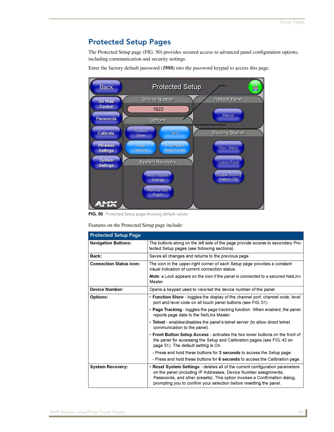 AMX MVP-8400 manual Protected Setup Pages, Features on the Protected Setup page include 