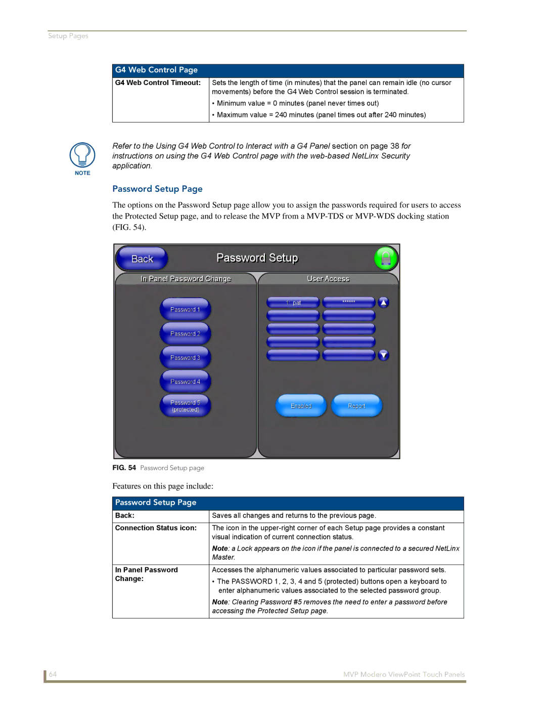 AMX MVP-8400 manual Password Setup, G4 Web Control Timeout, Panel Password, Change 