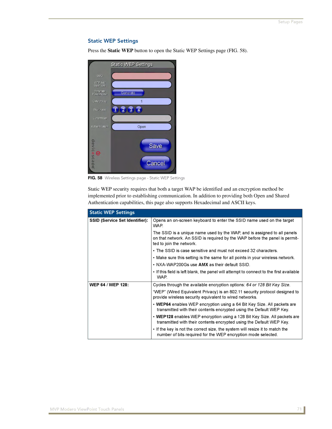 AMX MVP-8400 manual Static WEP Settings, WEP 64 / WEP 