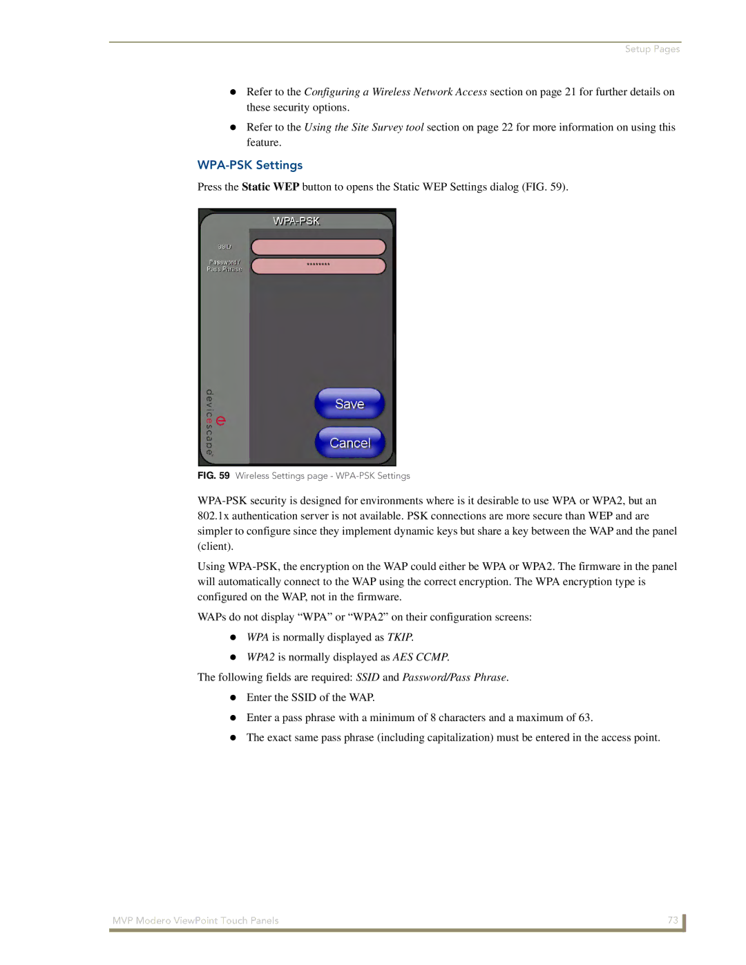 AMX MVP-8400 manual Wireless Settings page WPA-PSK Settings 