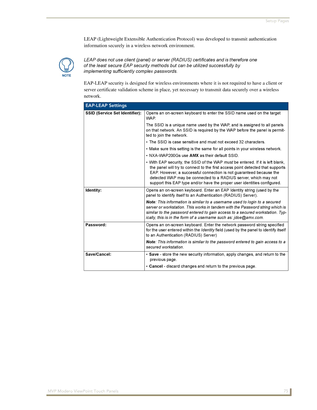 AMX MVP-8400 manual EAP-LEAP Settings, Identity, Password 