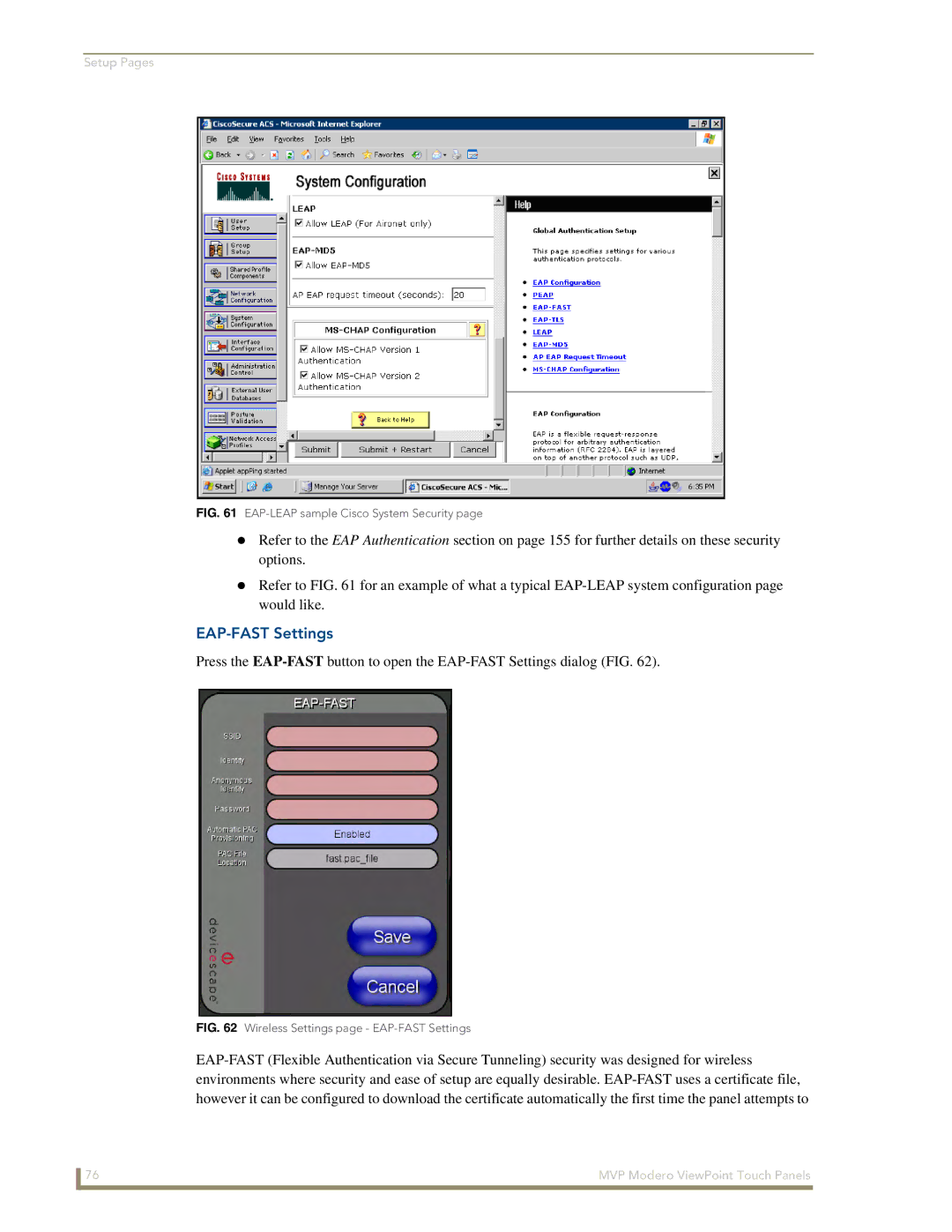 AMX MVP-8400 manual EAP-FAST Settings, EAP-LEAP sample Cisco System Security 