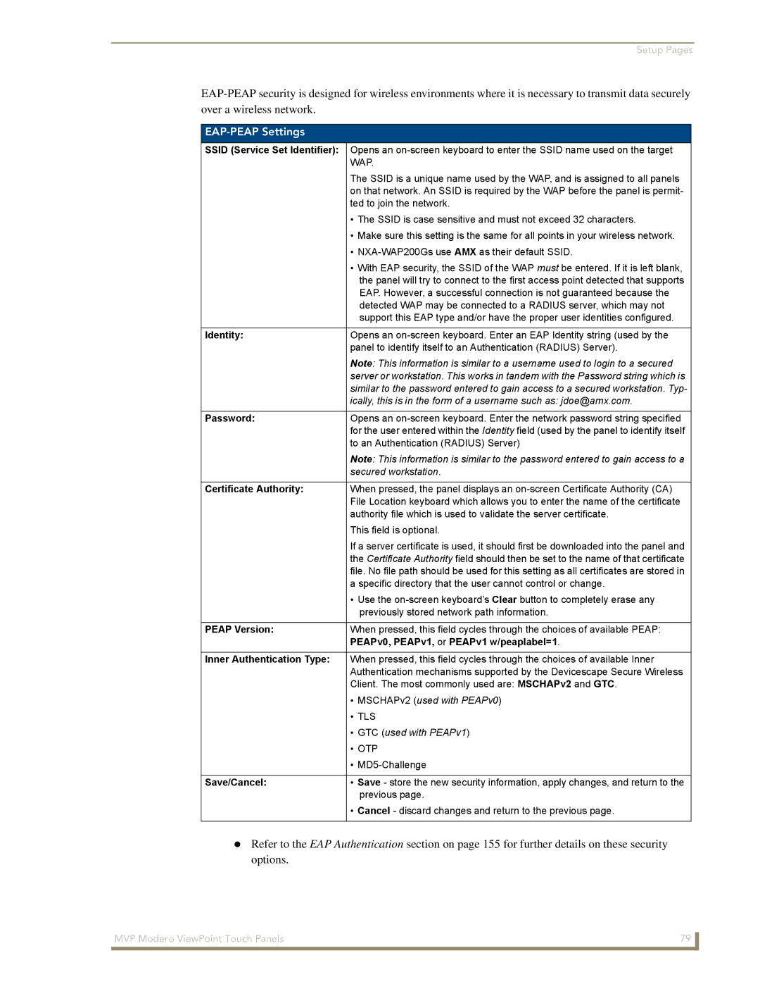 AMX MVP-8400 manual EAP-PEAP Settings, Certificate Authority, Peap Version, PEAPv0, PEAPv1, or PEAPv1 w/peaplabel=1 