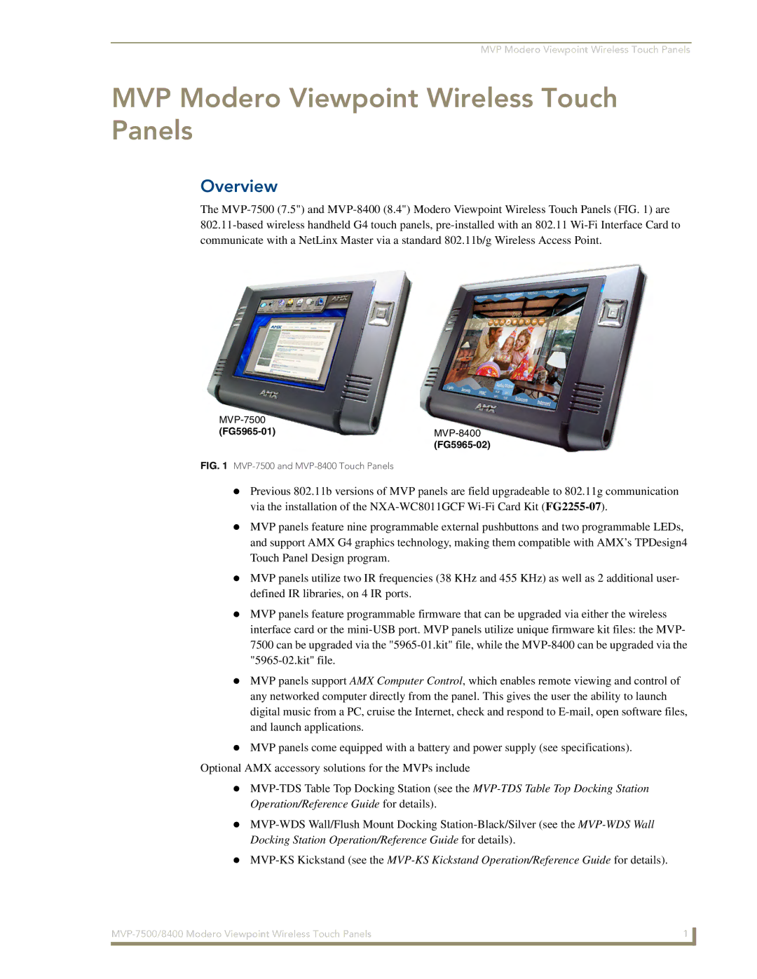 AMX MVP-8400 manual MVP Modero Viewpoint Wireless Touch Panels, Overview, FG5965-01 