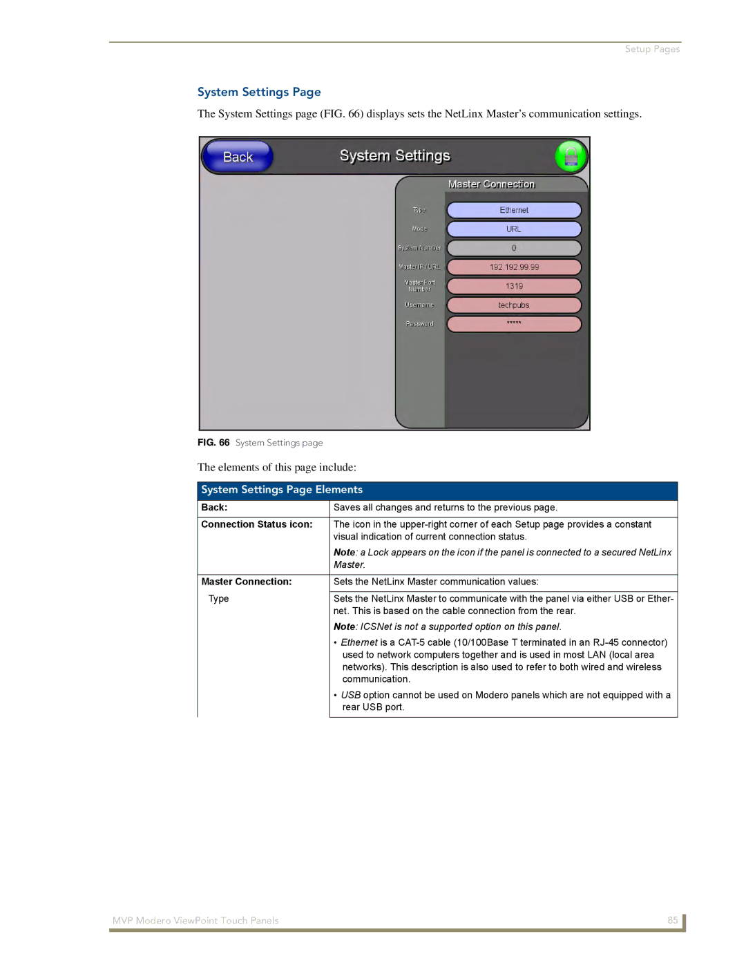 AMX MVP-8400 manual Elements of this page include, System Settings Page Elements, Master Connection 