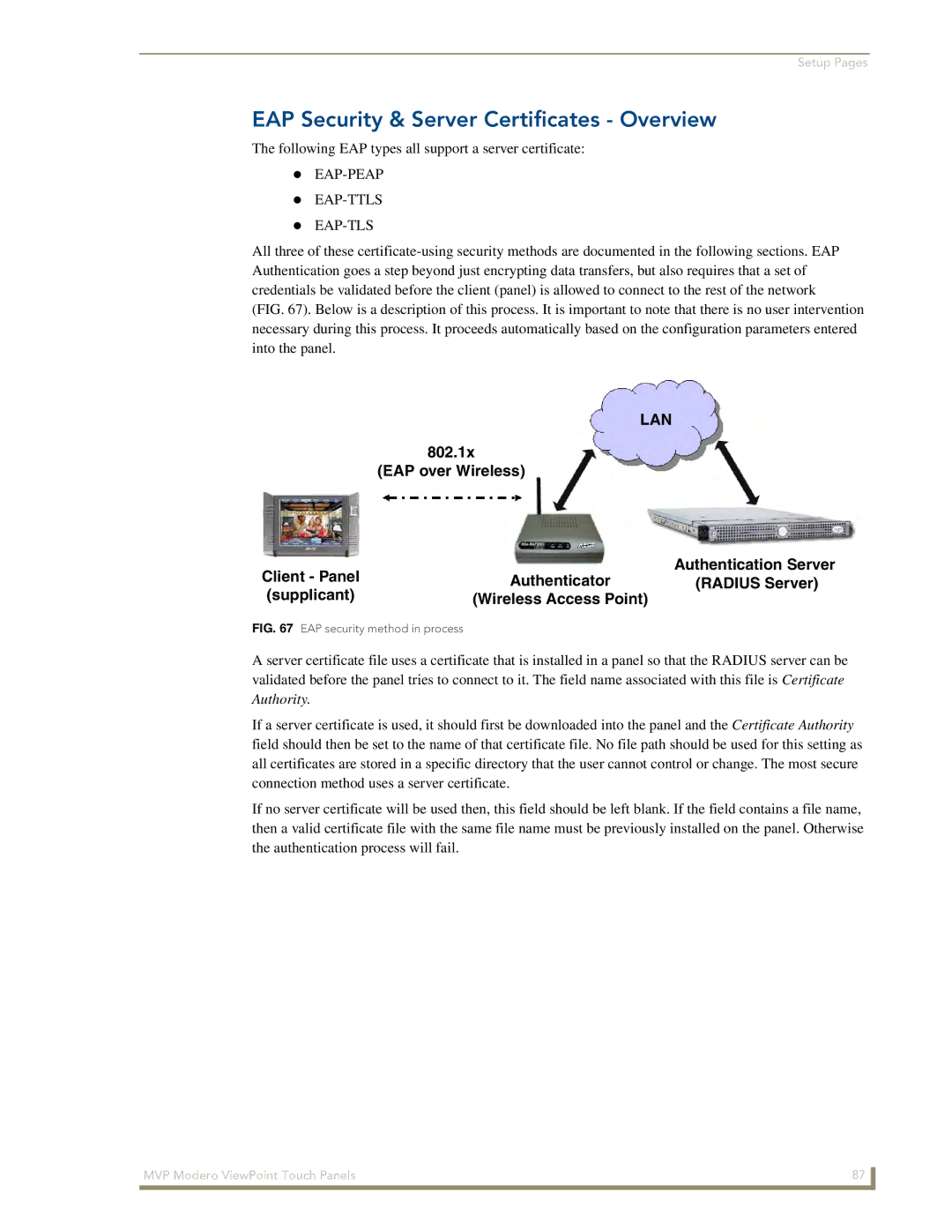 AMX MVP-8400 manual EAP Security & Server Certificates Overview, Following EAP types all support a server certificate 