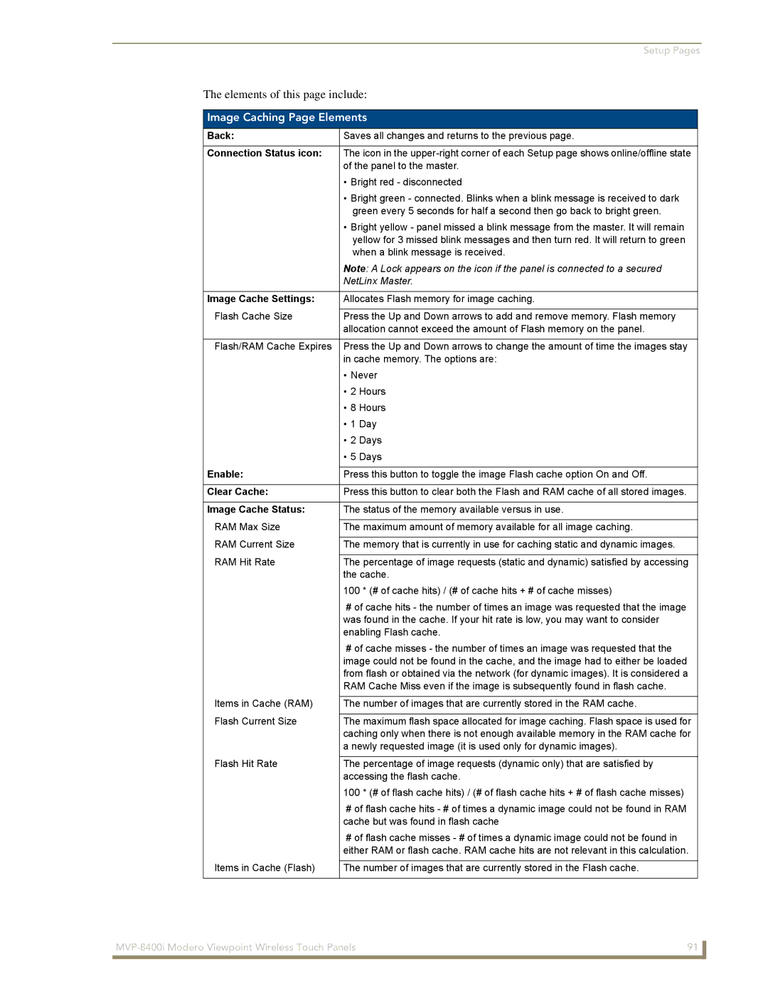 AMX MVP-8400i manual Image Caching Page Elements, Image Cache Settings, Enable, Clear Cache, Image Cache Status 