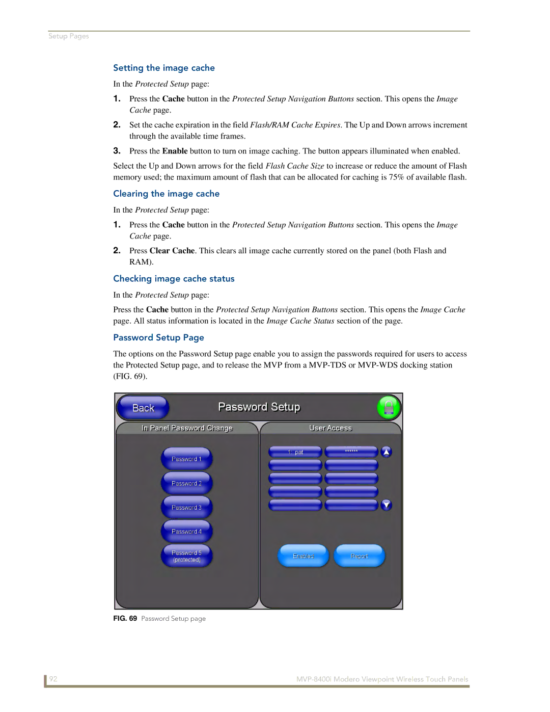 AMX MVP-8400i manual Setting the image cache, Clearing the image cache, Checking image cache status, Password Setup 