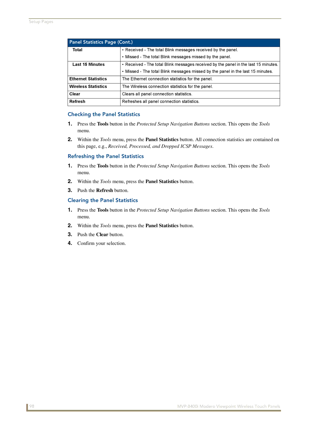 AMX MVP-8400i manual Checking the Panel Statistics, Refreshing the Panel Statistics, Clearing the Panel Statistics 