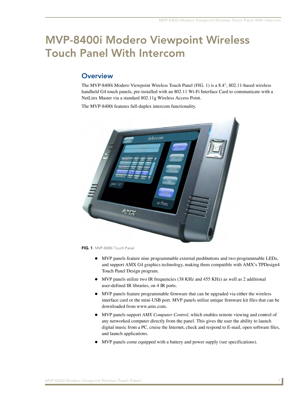 AMX manual Overview, MVP-8400i Touch Panel 