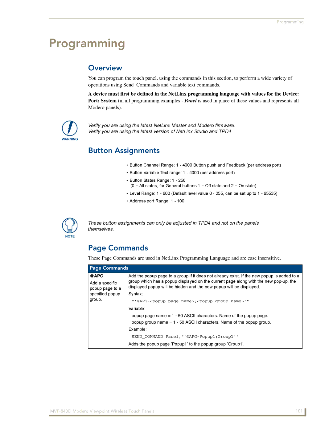 AMX MVP-8400i manual Button Assignments, Commands, @Apg 