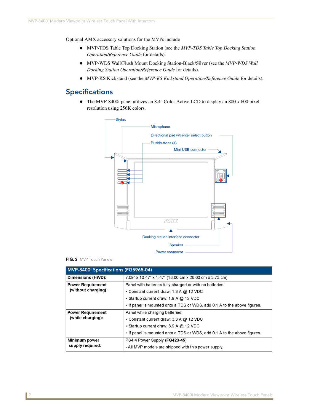 AMX manual MVP-8400i Specifications FG5965-04 