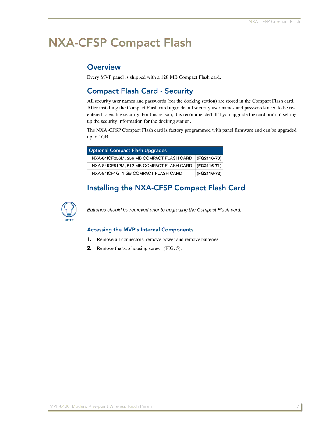 AMX MVP-8400i Compact Flash Card Security, Installing the NXA-CFSP Compact Flash Card, Optional Compact Flash Upgrades 