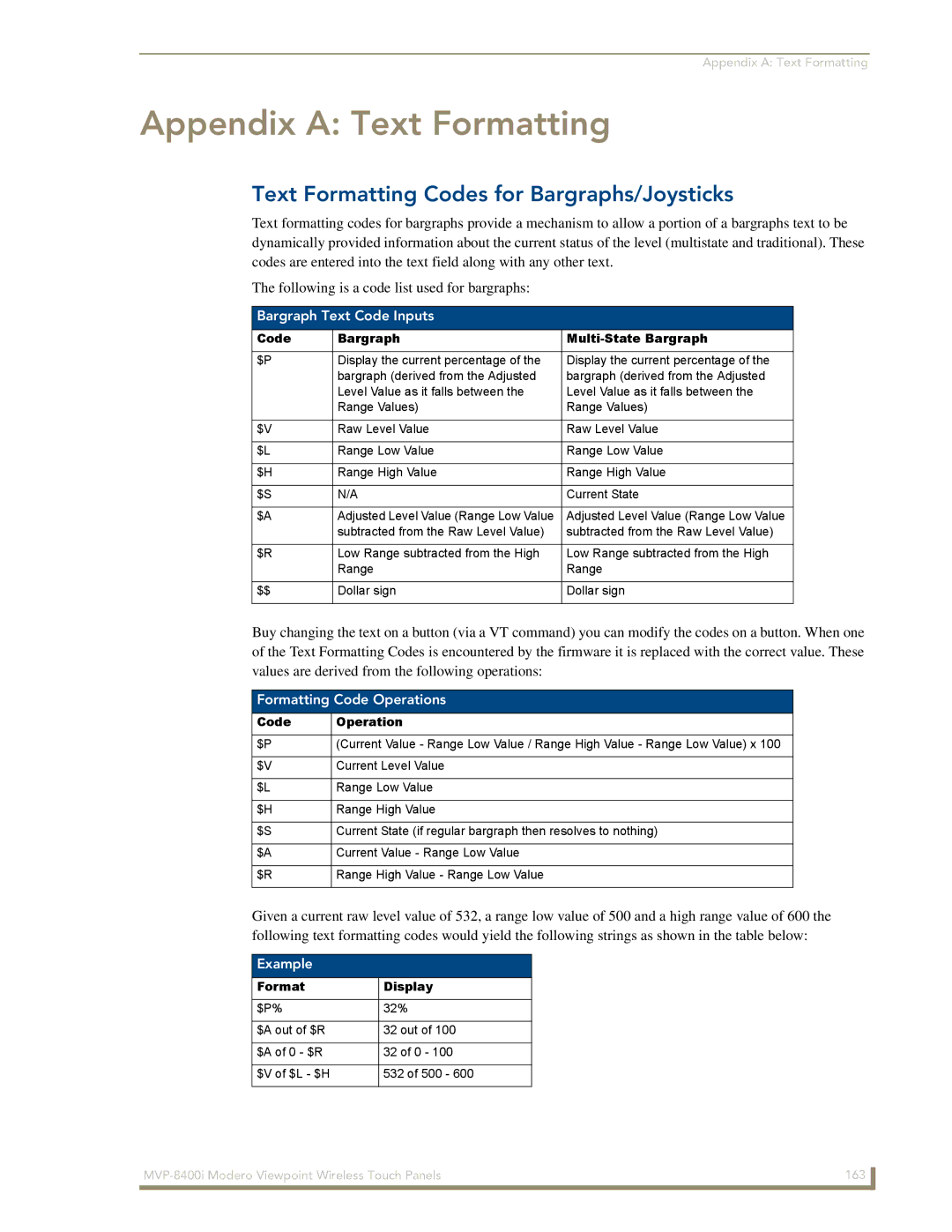 AMX MVP-8400i manual Text Formatting Codes for Bargraphs/Joysticks, Bargraph Text Code Inputs, Formatting Code Operations 