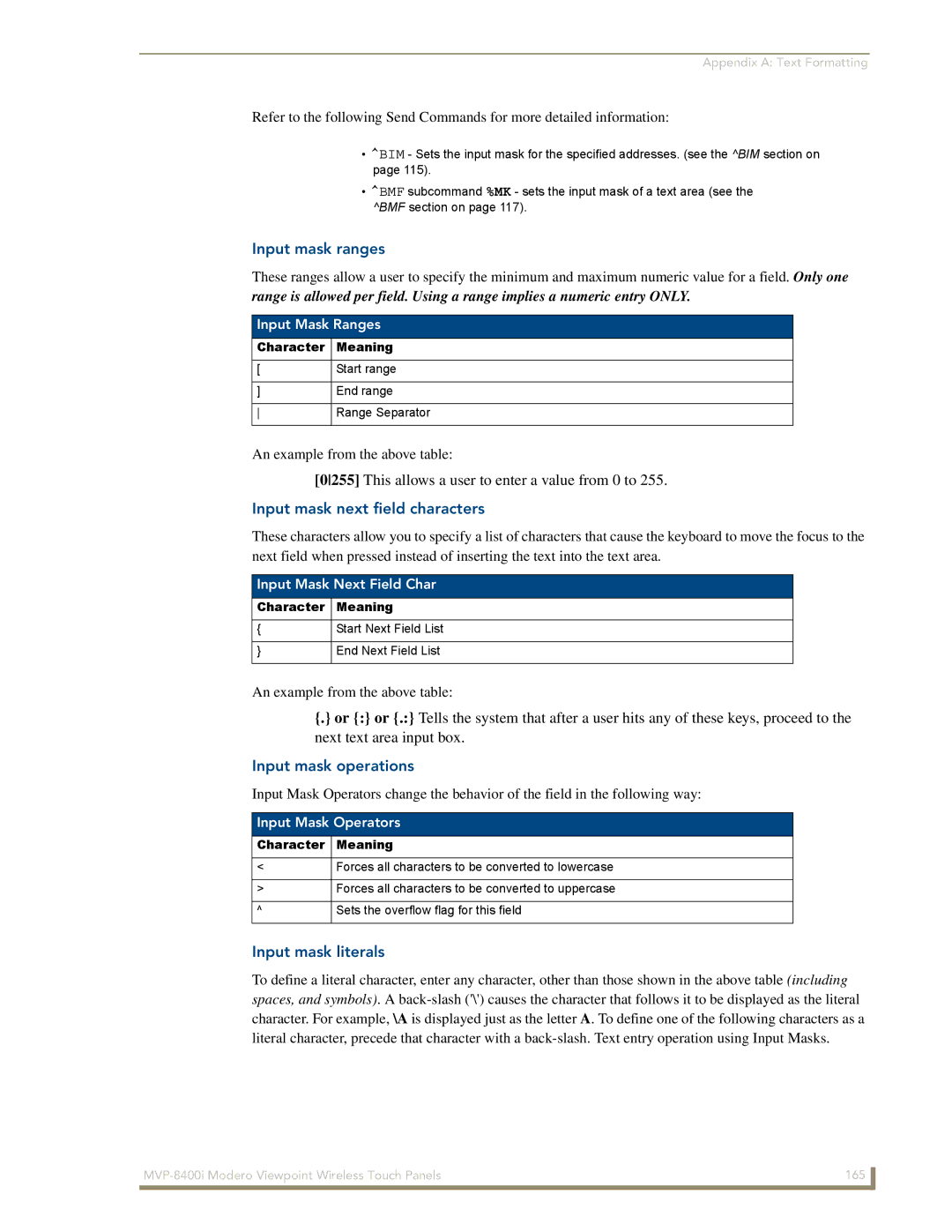 AMX MVP-8400i manual Input mask ranges, Input mask next field characters, Input mask operations, Input mask literals 