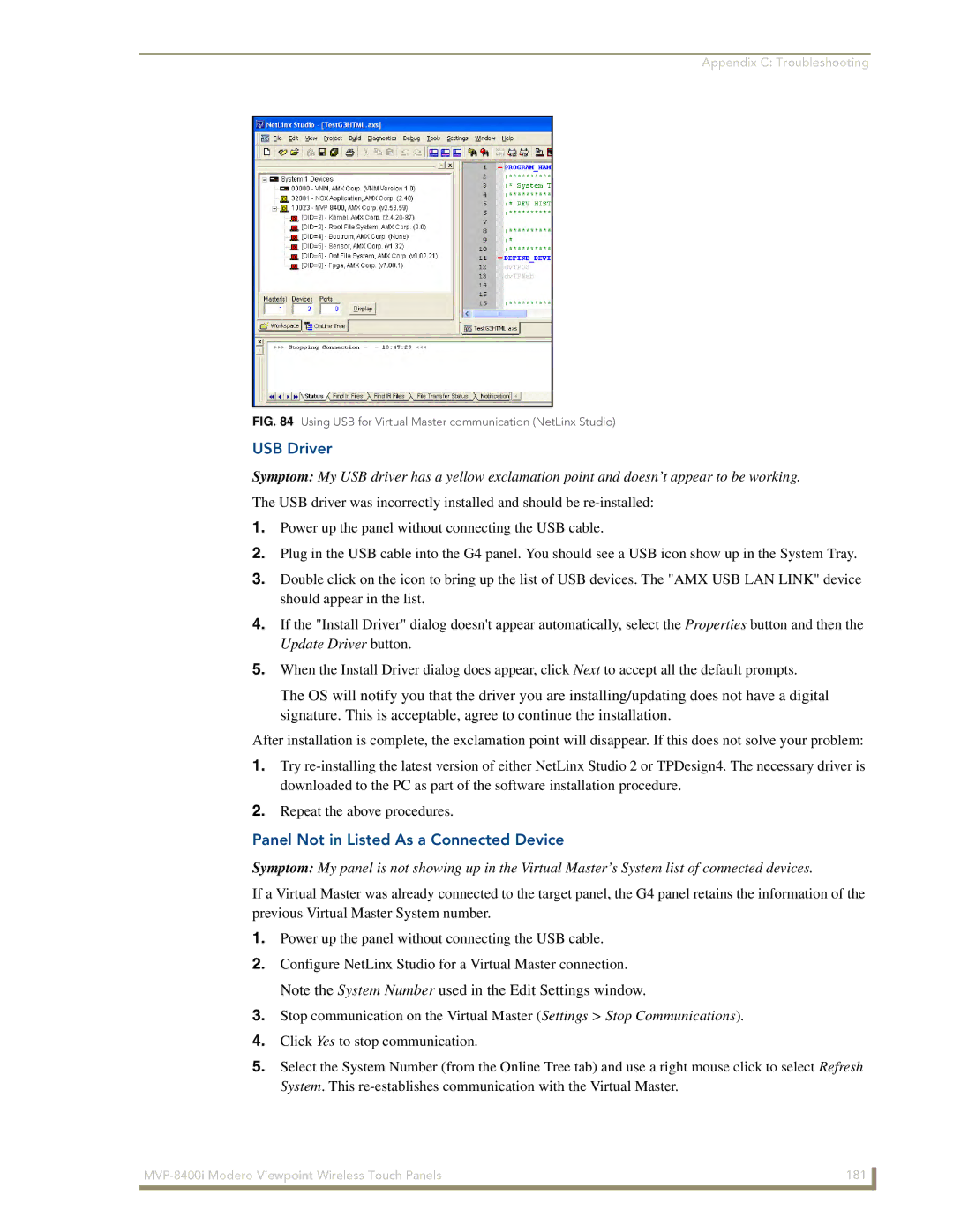 AMX MVP-8400i manual USB Driver, Panel Not in Listed As a Connected Device 