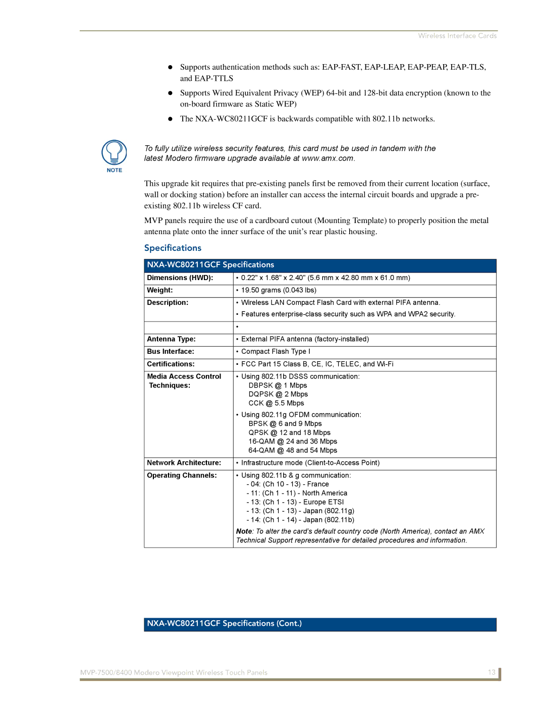 AMX MVP-8400i manual NXA-WC80211GCF Specifications 