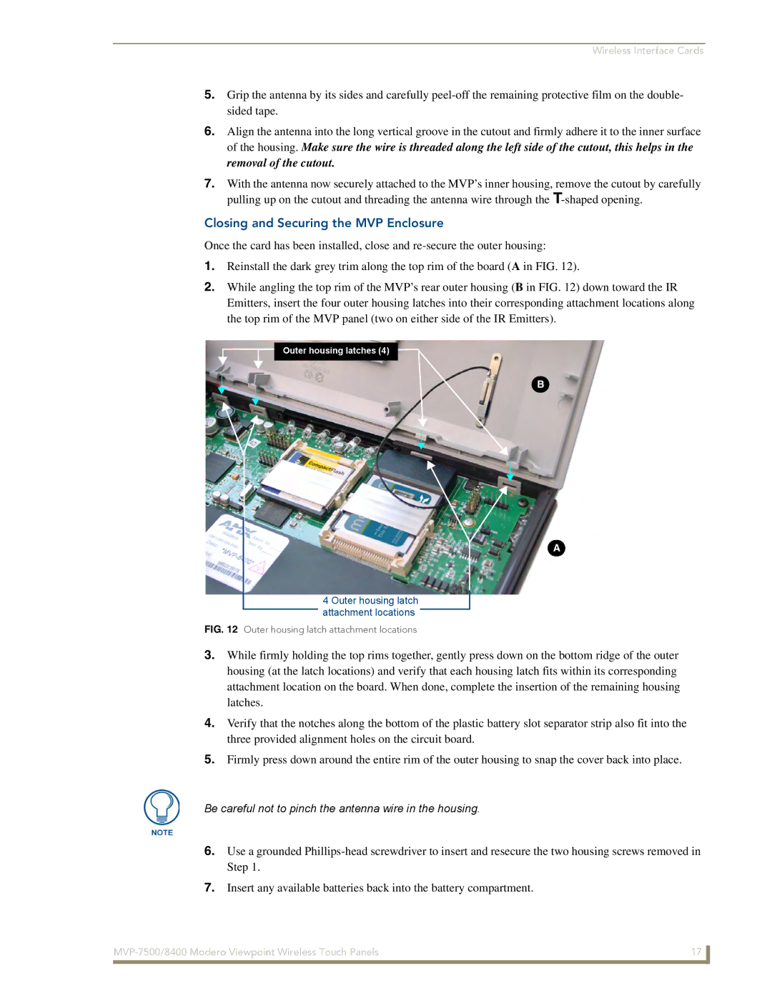 AMX MVP-8400i manual Closing and Securing the MVP Enclosure, Outer housing latch attachment locations 