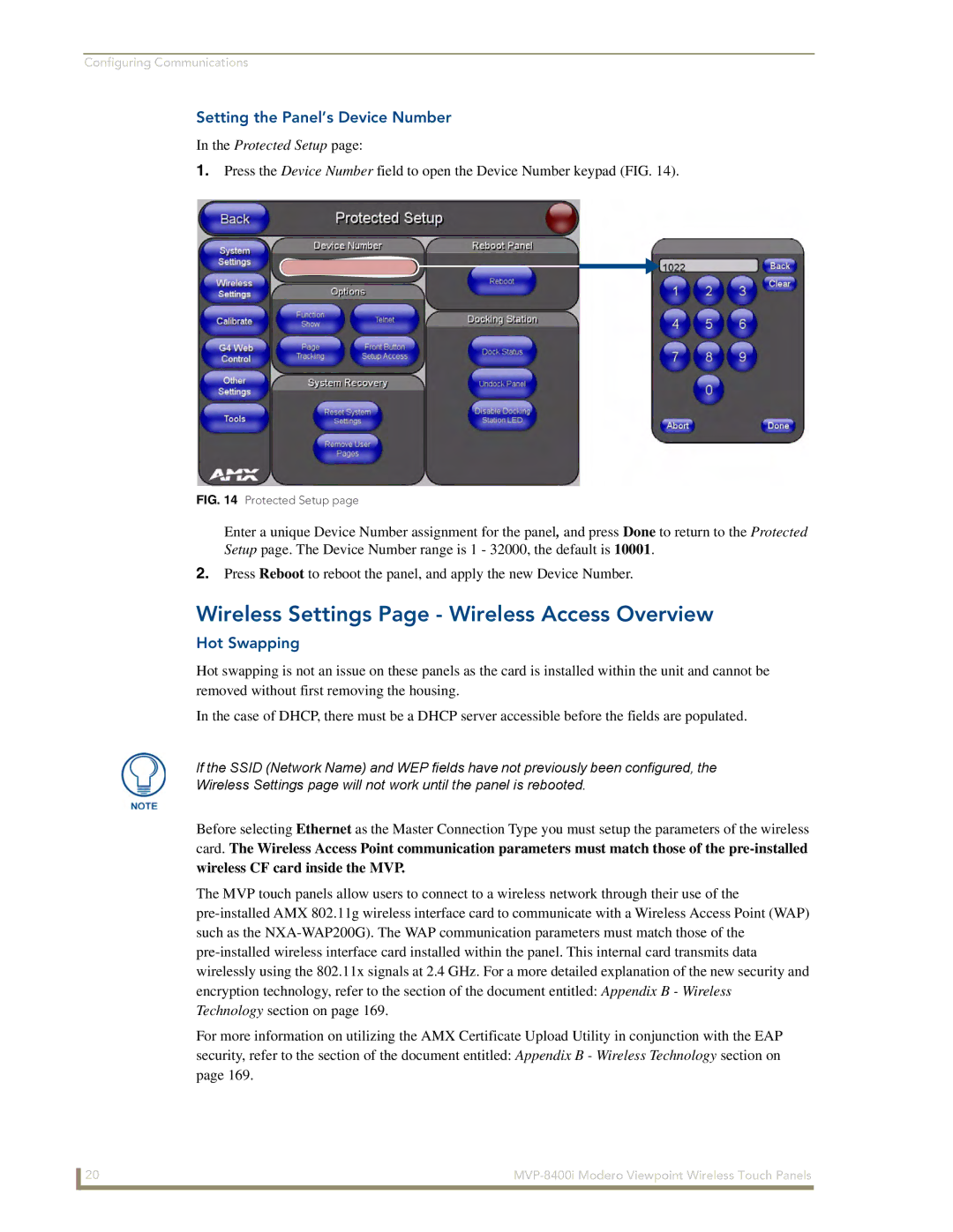 AMX MVP-8400i manual Wireless Settings Page Wireless Access Overview, Setting the Panel’s Device Number, Hot Swapping 