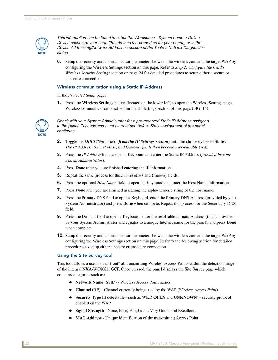 AMX MVP-8400i manual Wireless communication using a Static IP Address, Using the Site Survey tool 