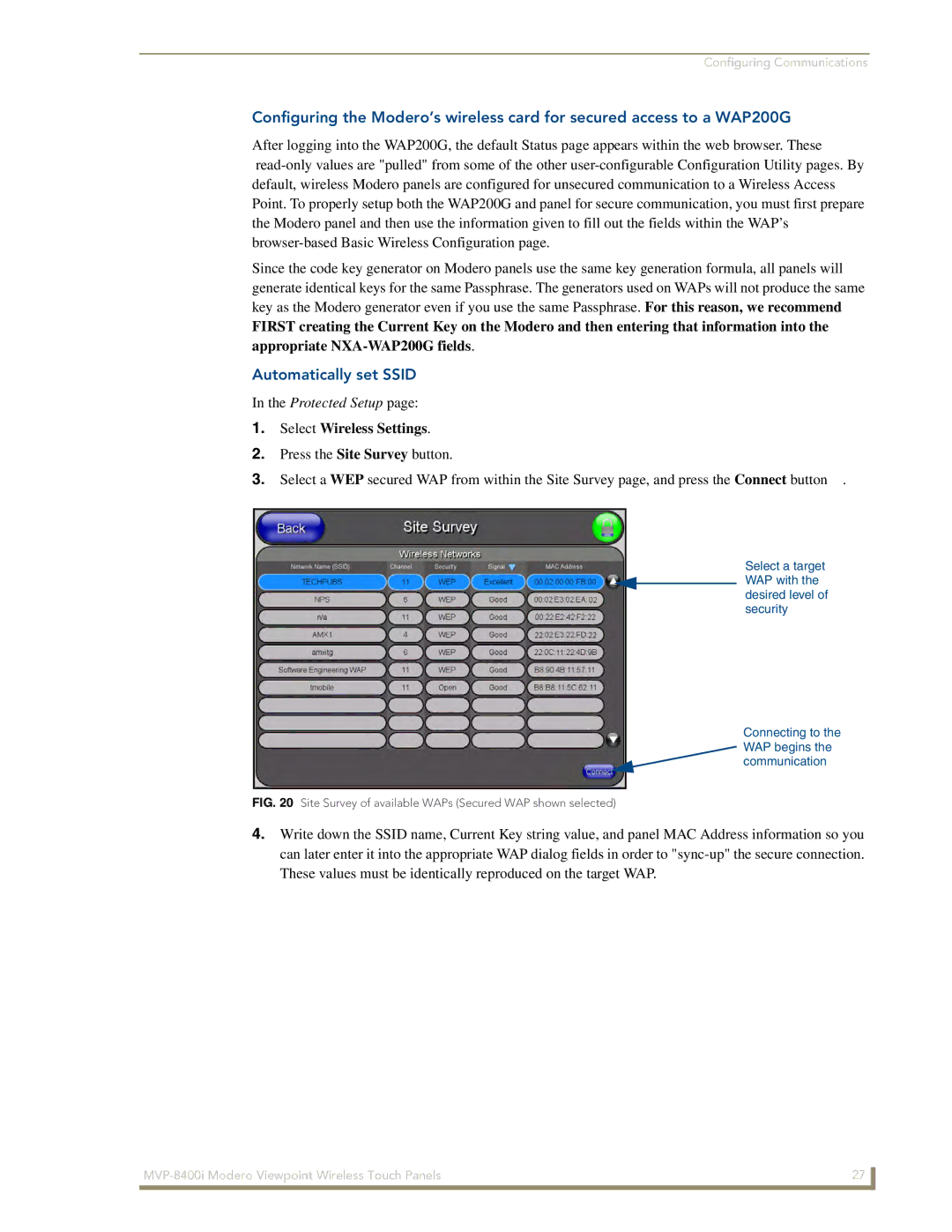 AMX MVP-8400i manual Automatically set Ssid, Select Wireless Settings 