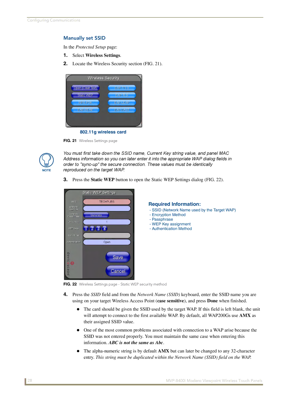 AMX MVP-8400i manual Manually set Ssid, Locate the Wireless Security section FIG 