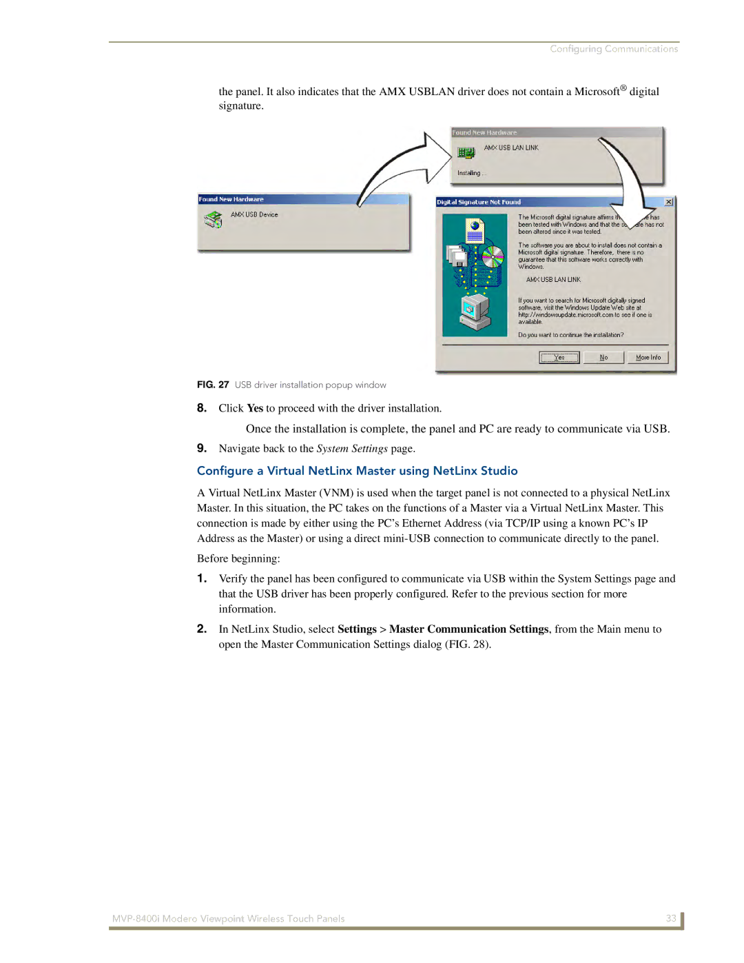 AMX MVP-8400i manual Configure a Virtual NetLinx Master using NetLinx Studio, USB driver installation popup window 