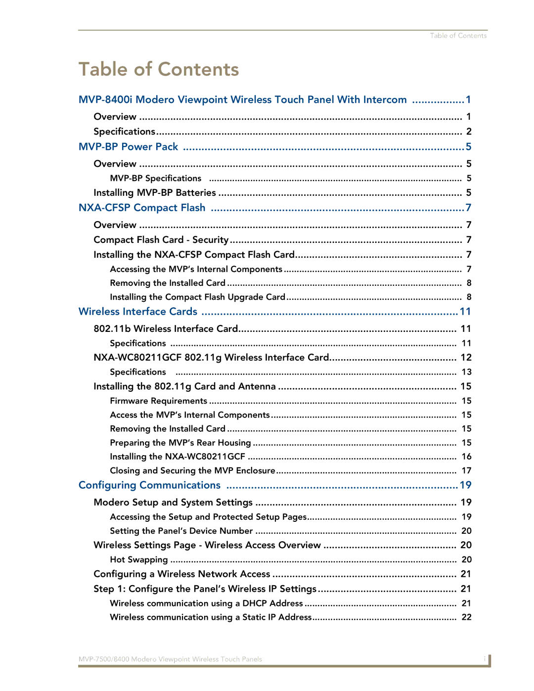 AMX MVP-8400i manual Table of Contents 