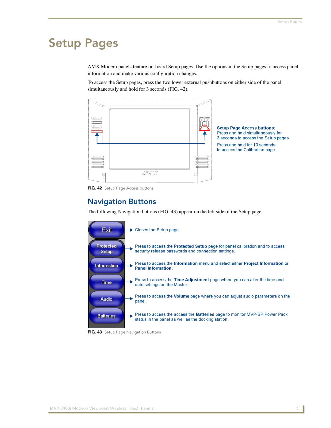 AMX MVP-8400i manual Setup Pages, Navigation Buttons 