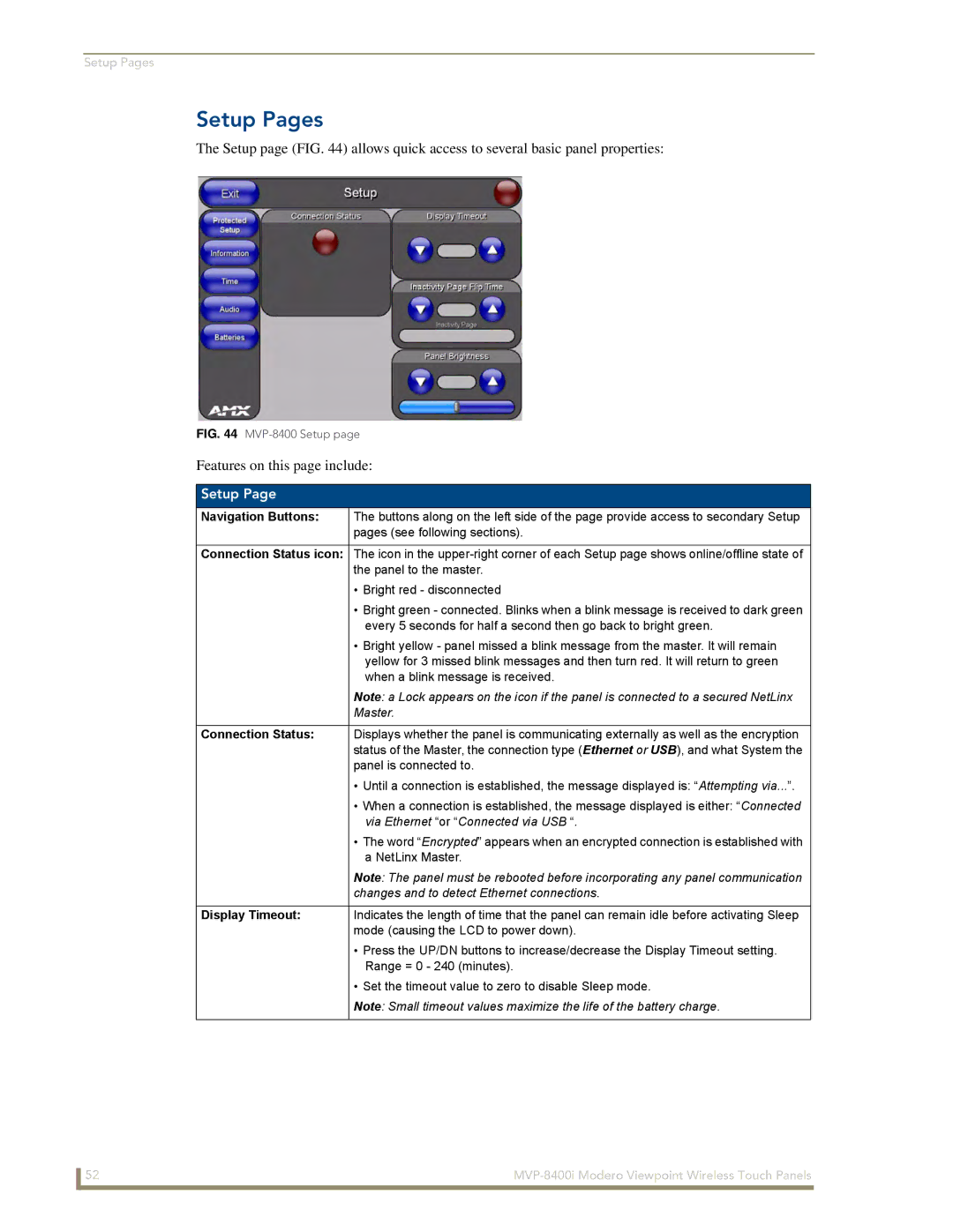 AMX MVP-8400i manual Setup Pages, Connection Status, Display Timeout 