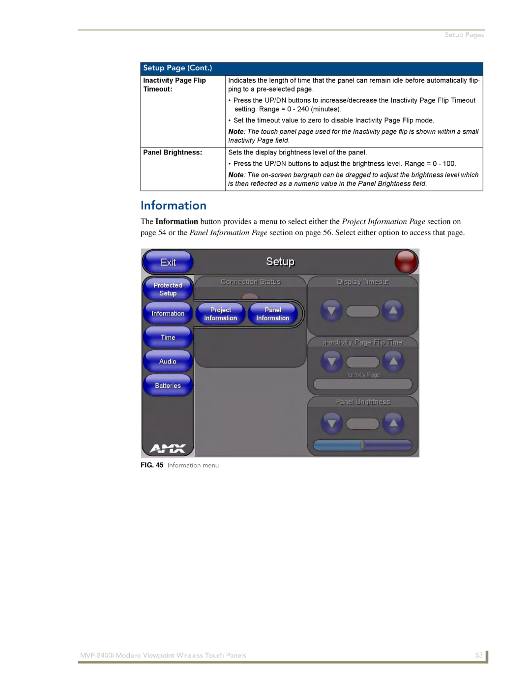 AMX MVP-8400i manual Information, Inactivity Page Flip, Timeout, Panel Brightness 