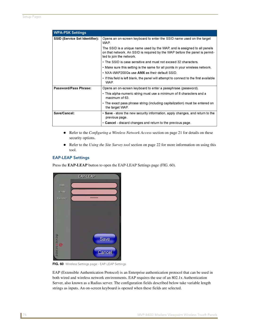 AMX MVP-8400i manual EAP-LEAP Settings, WPA-PSK Settings, Password/Pass Phrase 