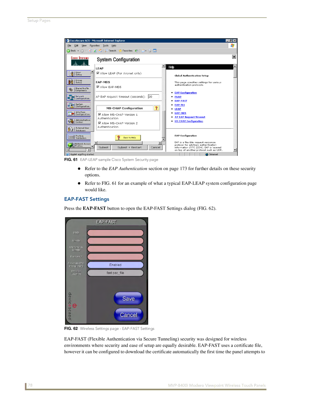 AMX MVP-8400i manual EAP-FAST Settings, EAP-LEAP sample Cisco System Security 