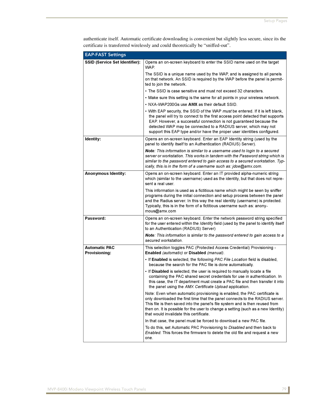 AMX MVP-8400i manual EAP-FAST Settings, Anonymous Identity, Automatic PAC, Provisioning 