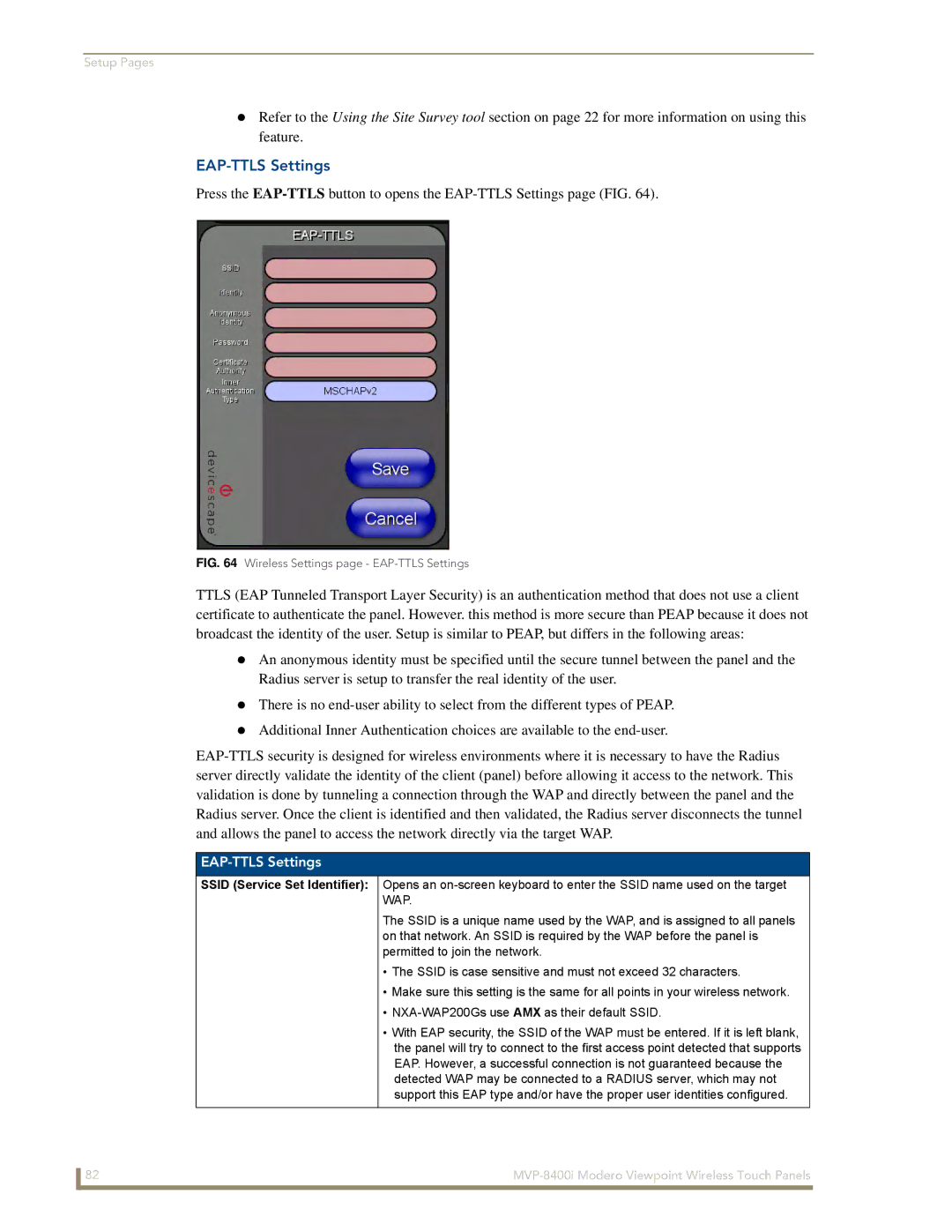 AMX MVP-8400i manual EAP-TTLS Settings, Ssid Service Set Identifier 