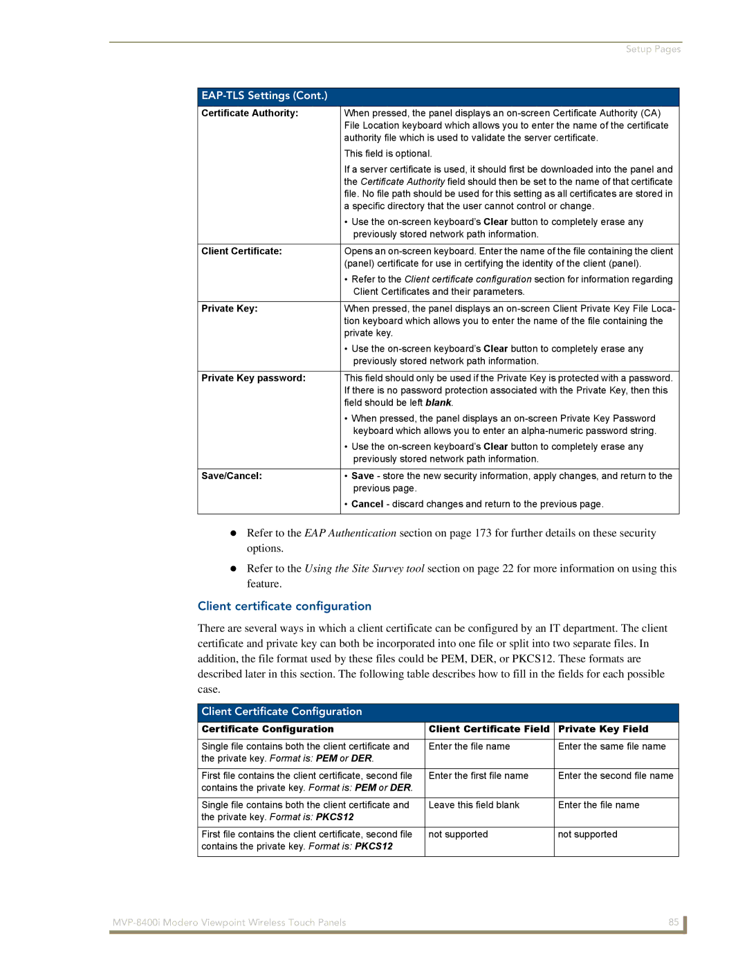 AMX MVP-8400i manual Client certificate configuration, Client Certificate Configuration, Private Key password 