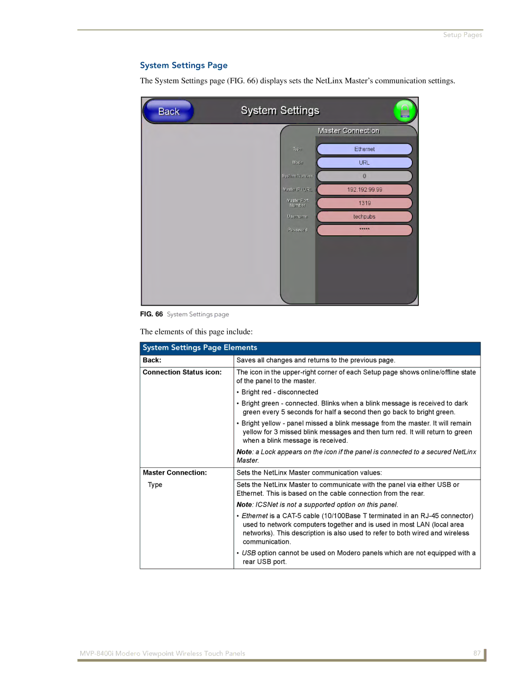 AMX MVP-8400i manual System Settings Page Elements, Master Connection 