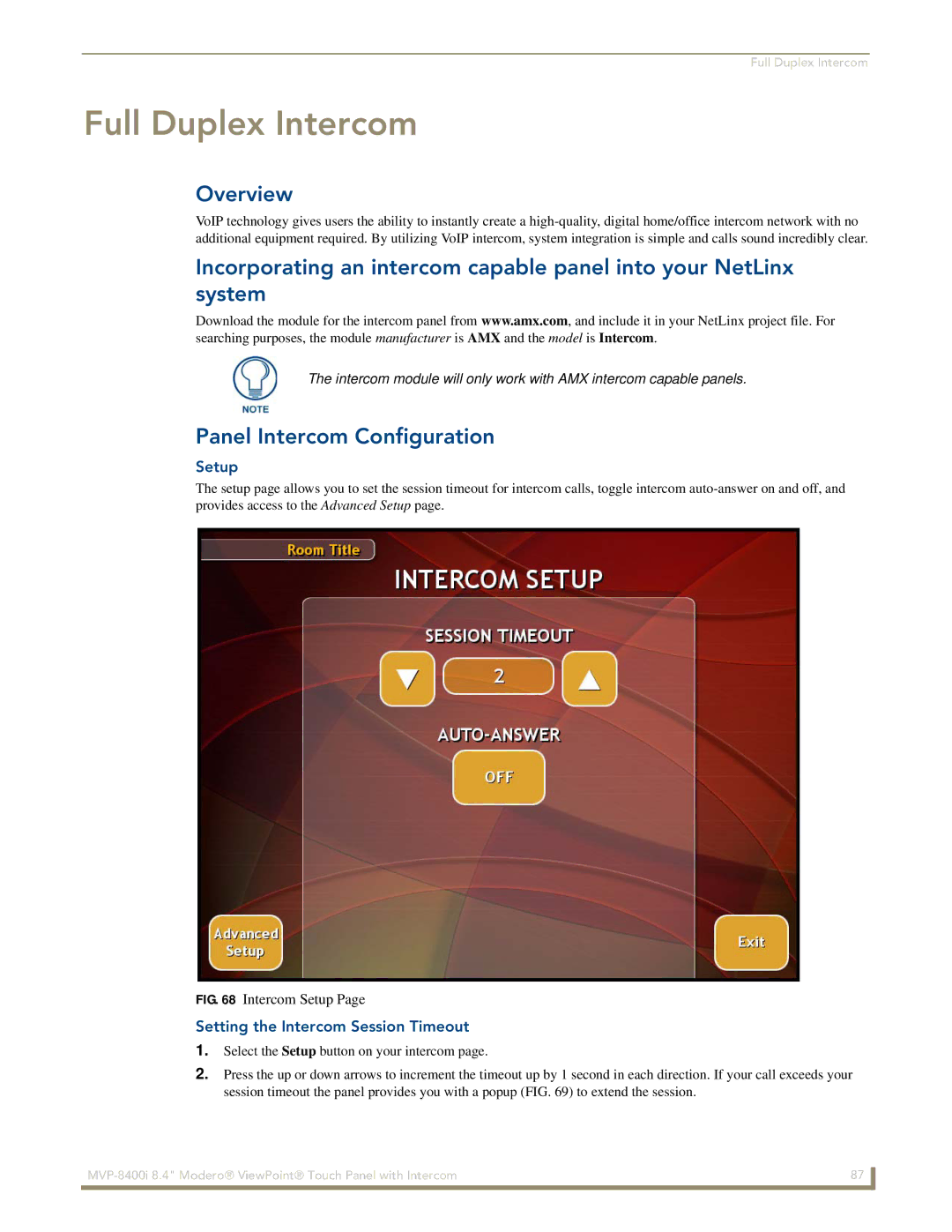 AMX MVP-8400i manual Full Duplex Intercom, Panel Intercom Configuration, Setup, Setting the Intercom Session Timeout 