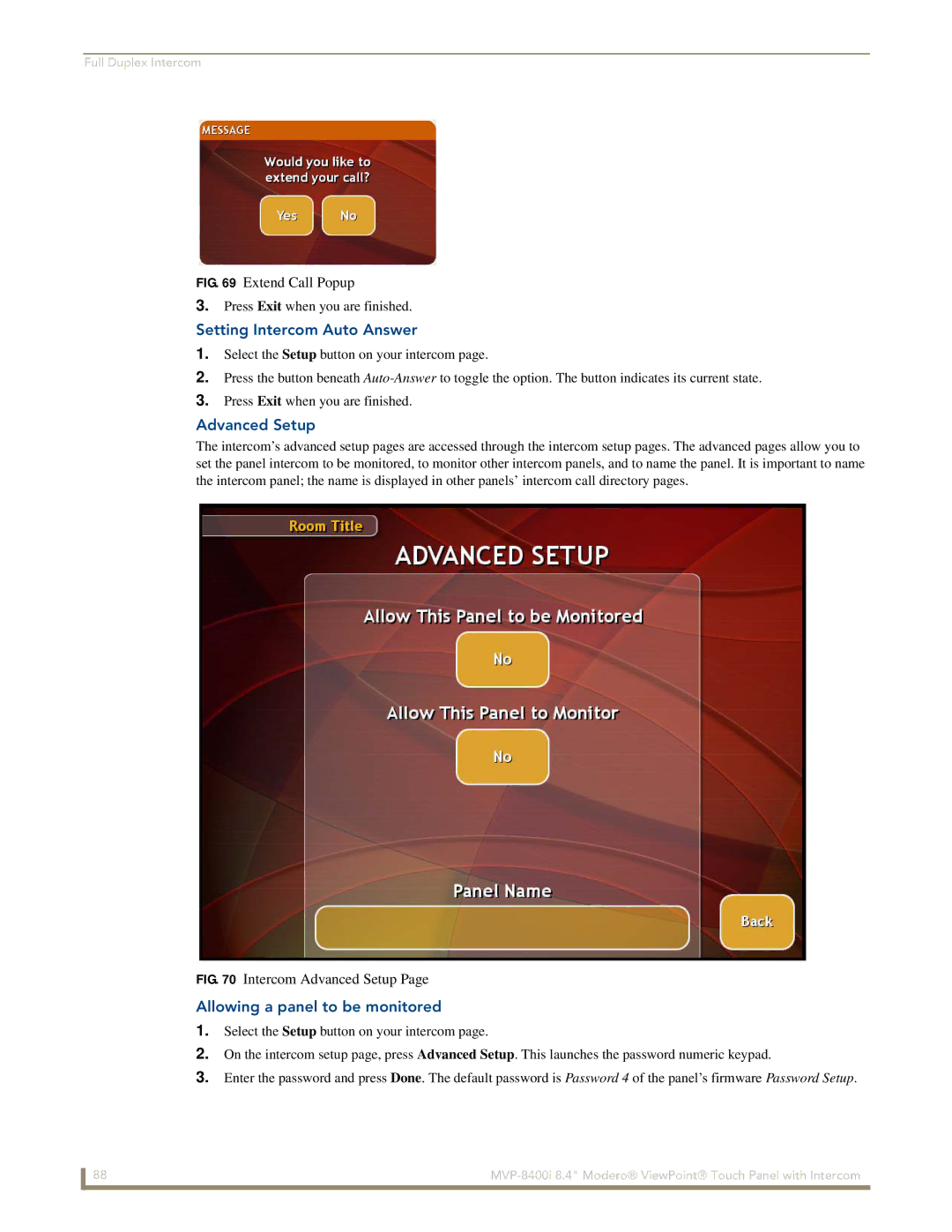 AMX MVP-8400i manual Setting Intercom Auto Answer, Advanced Setup, Allowing a panel to be monitored 