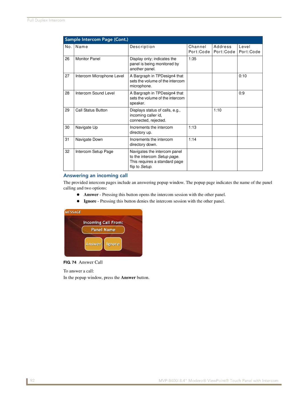 AMX MVP-8400i manual Answering an incoming call, Answer Call 